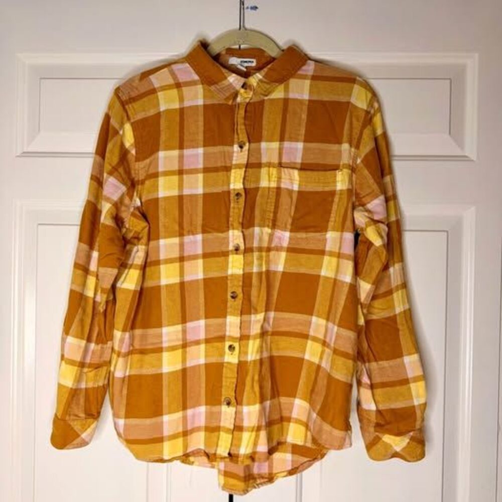 Sonoma Goods For Life XL Mustard Pink Plaid Flannel Boyfriend Shirt - Picture 1 of 5